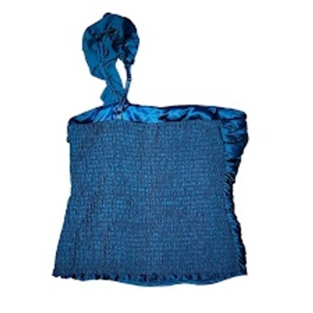 BEBE Y2K Ruched Smocked One Shoulder Satin crop Top shimmer Teal Blue Size L‎ - Picture 3 of 6
